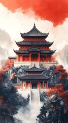 Obraz premium Majestic Chinese Pagoda Photo Temple Architecture Amidst Mountains And Mystical Fog