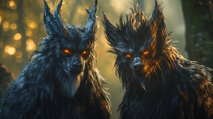 Mysterious creatures loiter in a forest during twilight, showcasing an otherworldly presence and intriguing details