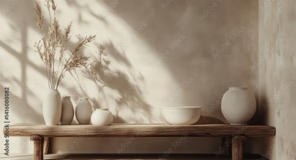 Poster a serene display of minimalist pottery on a wooden shelf. featuring various vases and bowls. bathed 