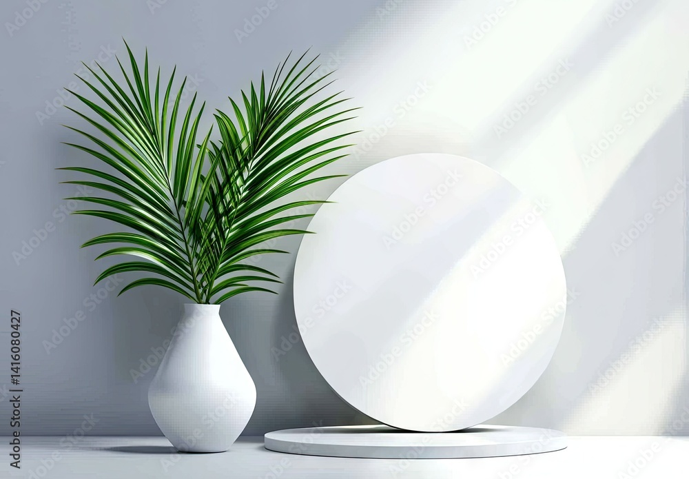 Poster a serene indoor scene featuring a lush green plant beside a minimalist circular display platform. il