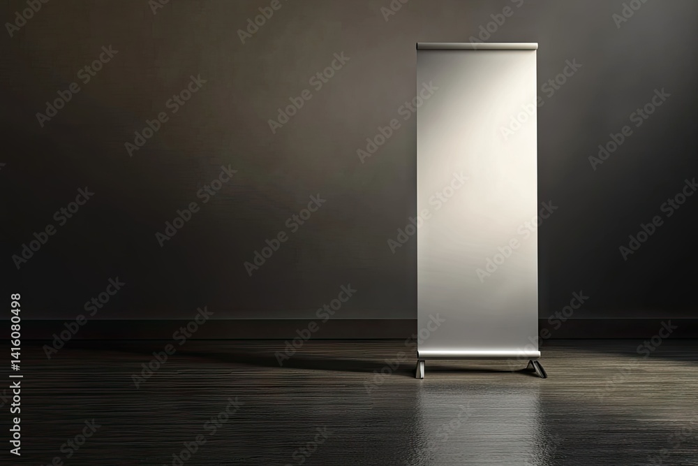 Poster a minimalistic scene featuring a blank illuminated roll-up banner in a dimly lit room. showcasing th