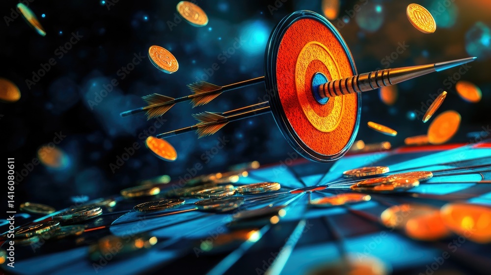 Aufkleber a close-up view of a dartboard with multiple orange darts embedded in the bullseye. surrounded by bl