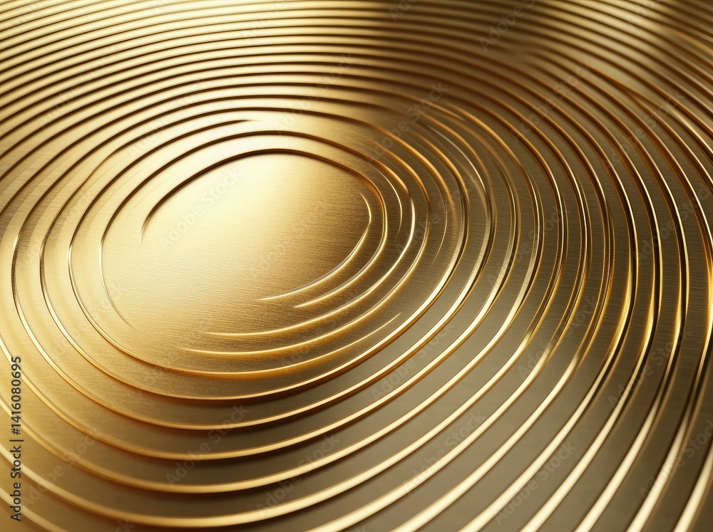 Poster close-up of a polished golden surface showcasing intricate circular patterns. reflecting light beaut
