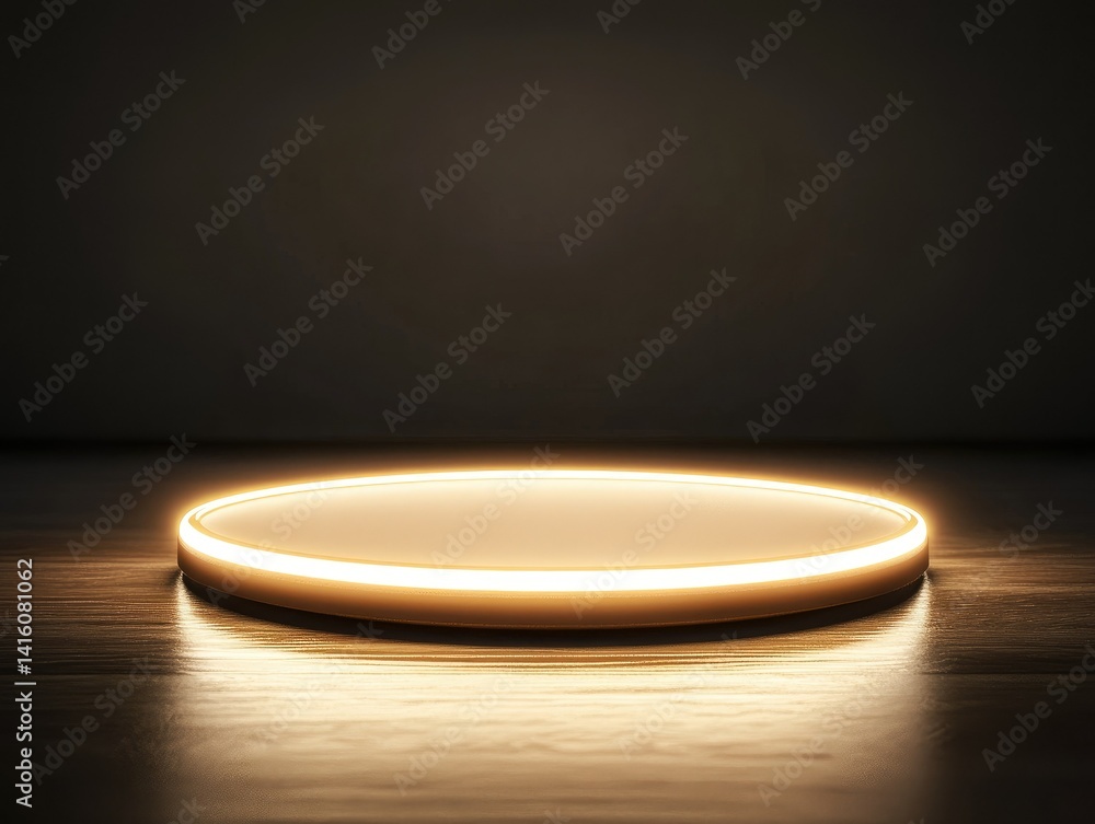 Poster a minimalist circular platform illuminated by a warm glow against a smooth wall. creating a serene a