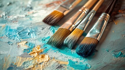 Fototapeta premium A close-up view of various artist paintbrushes resting on a colorful palette. showcasing vibrant strokes of paint and a hint of orange flower in the background. ideal for art-related projects