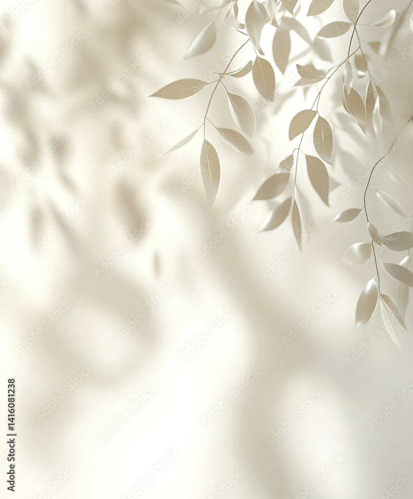 Poster a serene composition of delicate leaves casting soft shadows against a smooth. neutral background. c