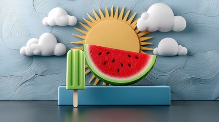 Summer fun watermelon and popsicle display colorful background digital art playful environment creative viewpoint