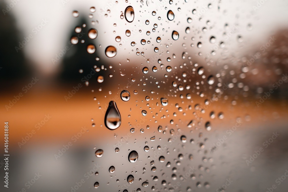 Poster macro view of water droplets adhering to a transparent glass surface with strong bokeh effect and su