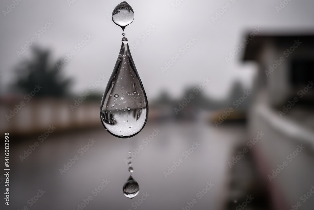 Poster single water droplet in sharp focus suspended midair with background blur showing smooth reflective 