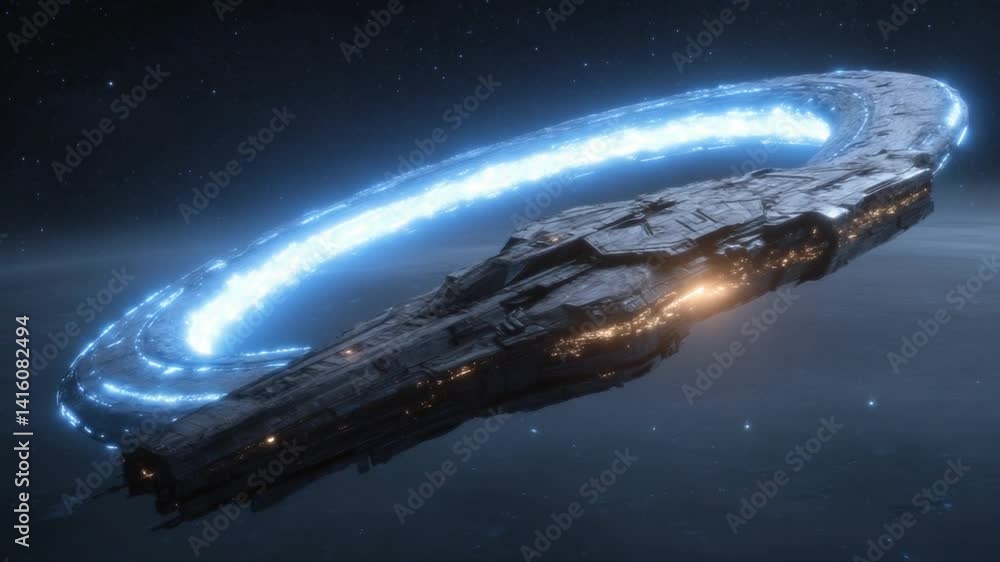 Poster spaceship approaches massive glowing wormhole near distant star generative ai