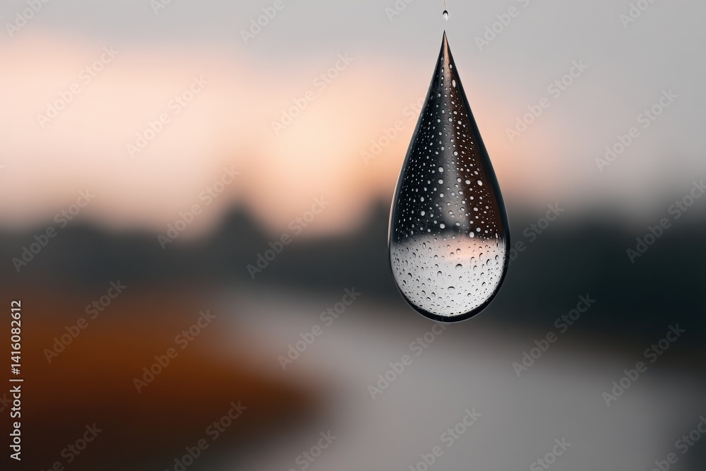 Poster sharp single water droplet in macro suspended on blurred abstract background forming visual focus on