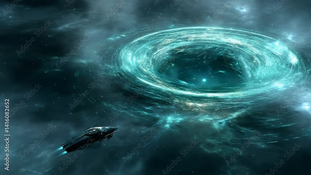 Poster spaceship approaches glowing space ring wormhole in deep cosmos generative ai