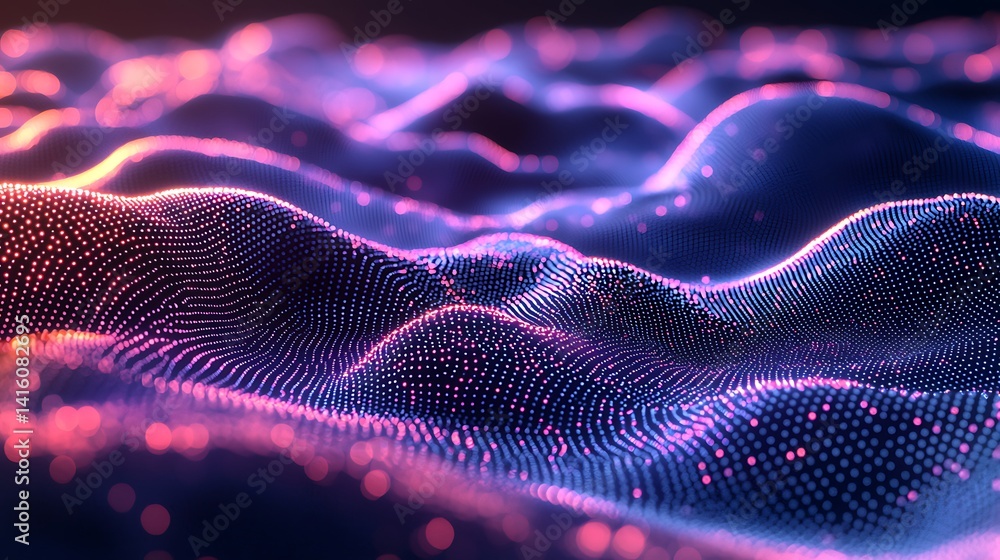 Poster abstract digital landscape. interconnected glowing points form undulating waves