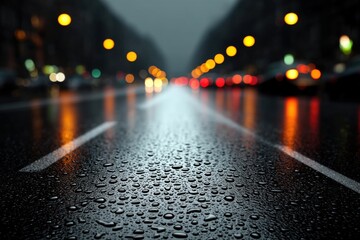 Night road with blurred light trails and water on asphalt creating a reflective wet surface texture illuminated by city lights showing motion and rainy night ambiance