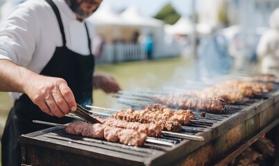 A chef prepares kebabs on the grill and serves them to festival goers. Generative AI