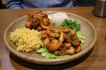 Fototapeta premium Traditional Asian street food served on a wooden plate with authentic flavors
