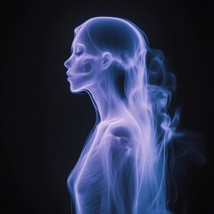 Ethereal female form, rendered in translucent, smoky blue hues against a black backdrop