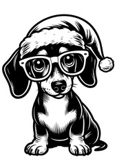Vector Illustration of a Cartoon Dachshund with Glasses and Santa Hat