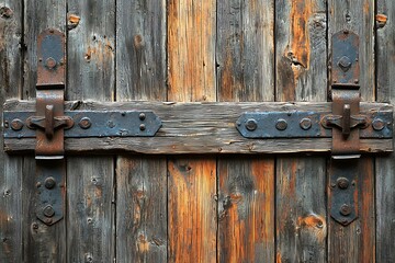 An aged wooden barn door with rustic metal hinges and deep weathered texture.