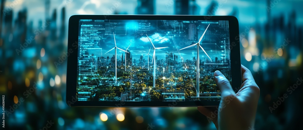 Poster digital tablet displaying wind turbines and ecofriendly energy solutions, emphasizing sustainability