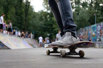 A person is riding a skateboard at a vibrant skatepark, showcasing their skills.