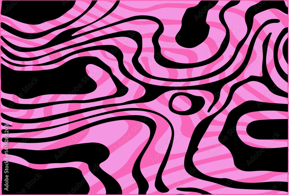 Poster Psychedelic abstract vector pattern with wavy black and pink lines. Organic, fluid shapes create a dynamic and modern visual, perfect for creative backgrounds or prints.