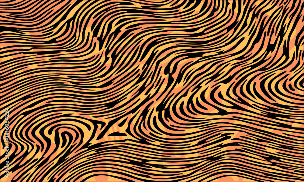 Poster psychedelic abstract vector pattern with wavy black, and orange lines. organic, fluid shapes create 