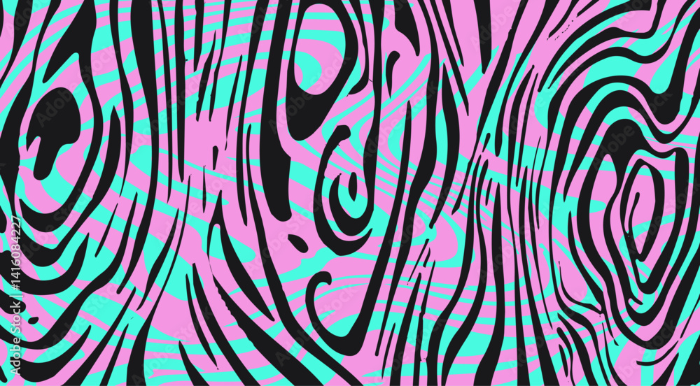 Aufkleber abstract vector illustration with psychedelic, wavy black stripes over pink and turquoise background