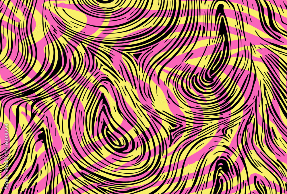 Poster Vector illustration in popular modern Op Art style, featuring dynamic wavy lines and abstract flowing shapes, creating an illusion of depth and movement with high contrast and bold graphic elements.