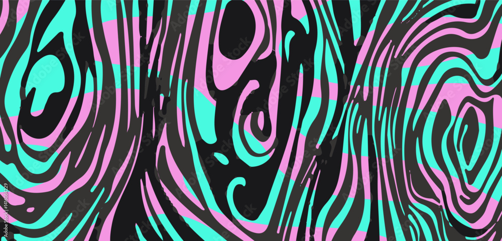 Aufkleber abstract vector illustration with psychedelic, wavy black stripes over pink and turquoise background