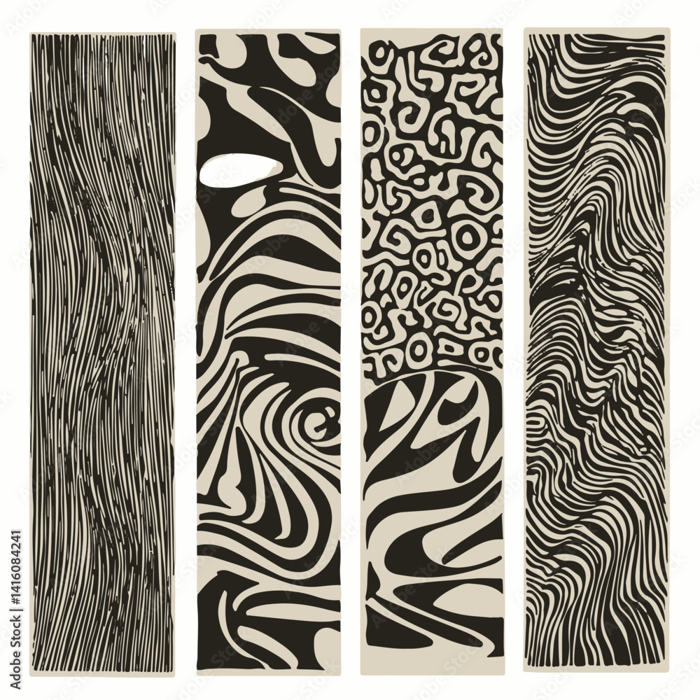 Aufkleber vector illustration features four vertical panels with abstract black-and-white patterns, showcasing