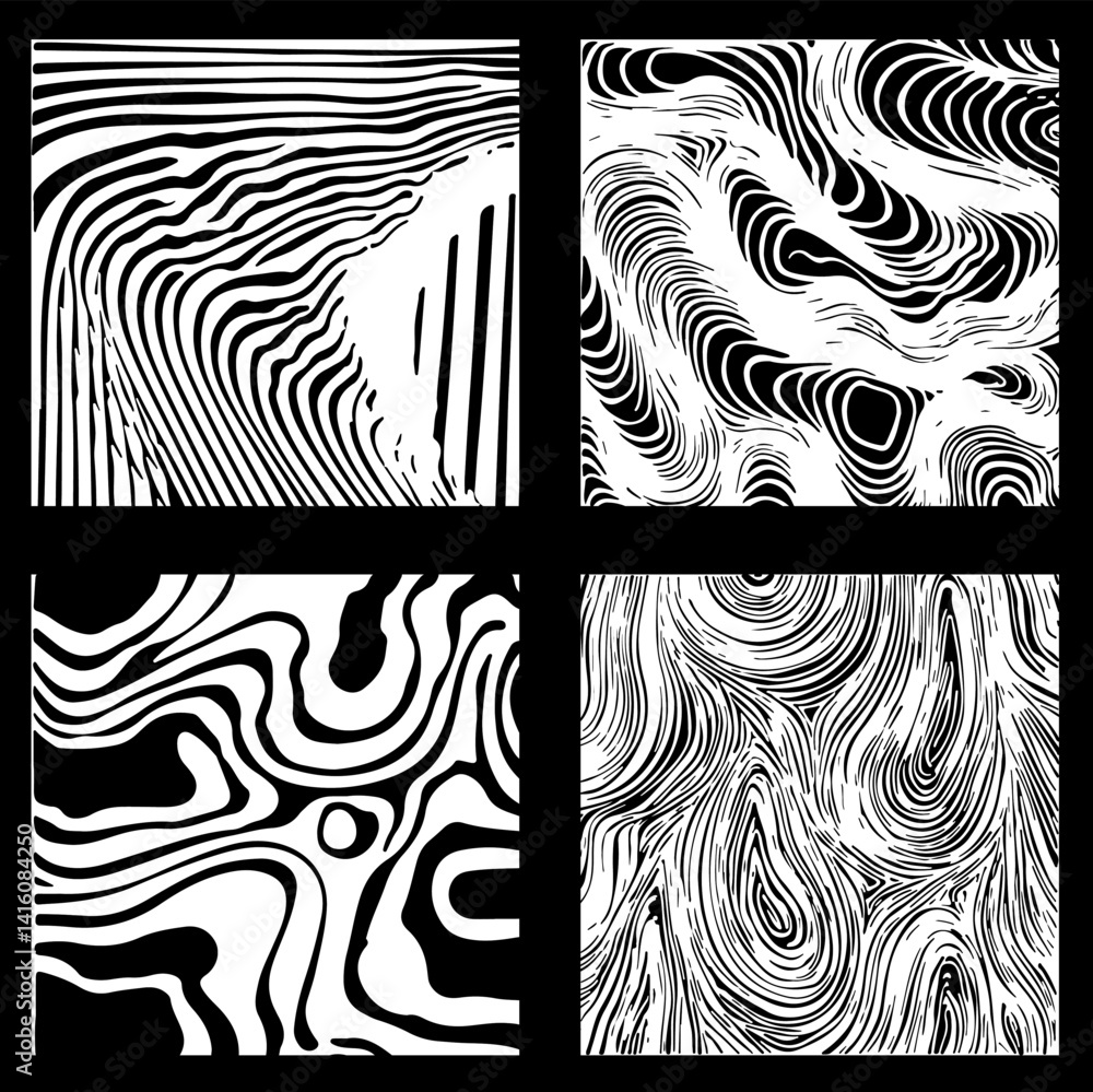 Fototapete Set of four abstract black and white vector patterns with swirling, wavy, and organic lines. Each square features a unique, dynamic design perfect for modern backgrounds or art projects.