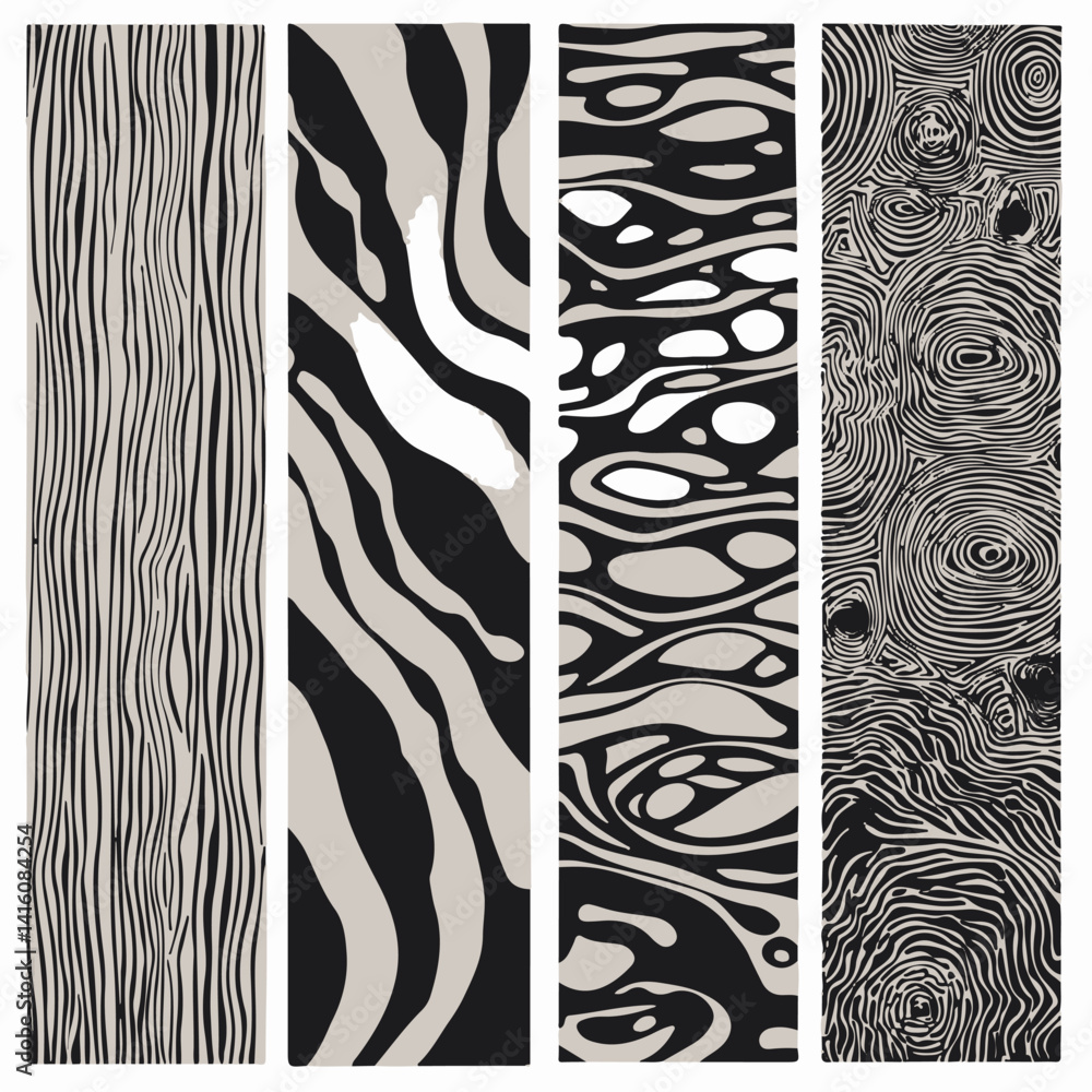 Poster vector illustration features four vertical panels with abstract black-and-white patterns, showcasing