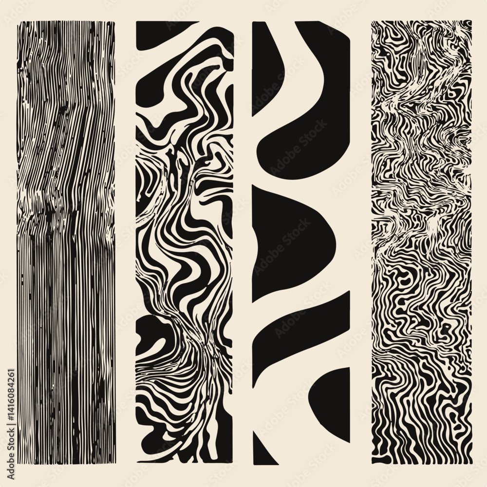 Aufkleber vector illustration features four vertical panels with abstract black-and-white patterns, showcasing