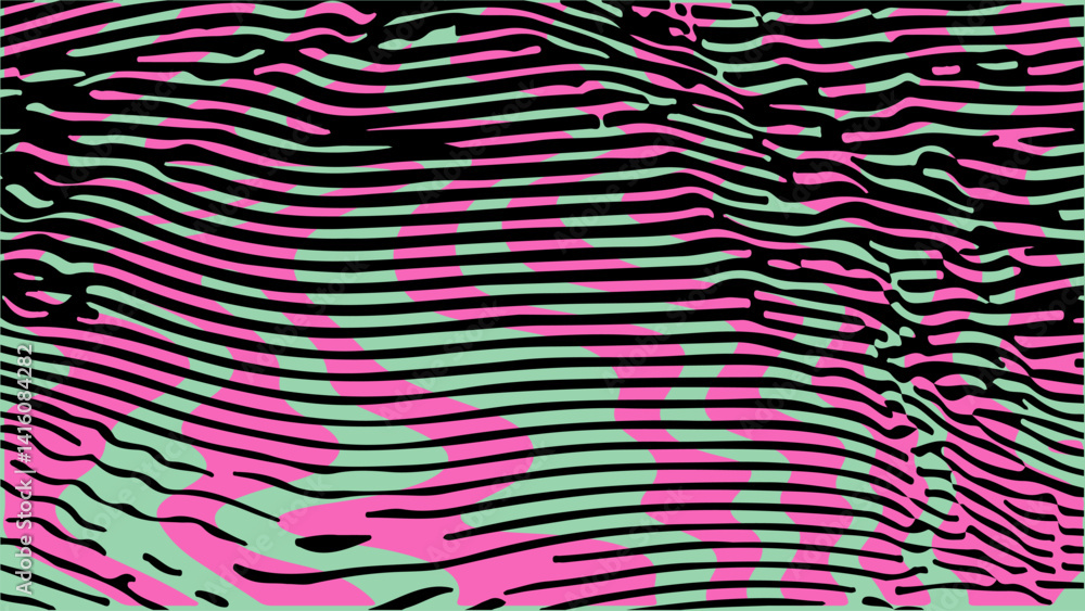 Poster Abstract vector illustration with wavy black lines forming an optical illusion over green and pink shapes, creating a dynamic, modern, and psychedelic visual effect.