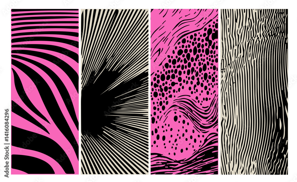 Poster set of abstract black and pink vector patterns with wavy lines and dots. modern, organic motif patte