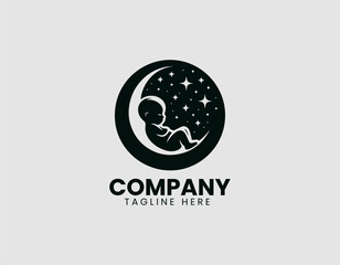 Sleeping Baby Silhouette Crescent Moon Stars Vector Logo Design