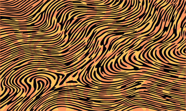Psychedelic abstract vector pattern with wavy black, and orange lines. Organic, fluid shapes create a dynamic and modern visual, perfect for creative backgrounds or prints.