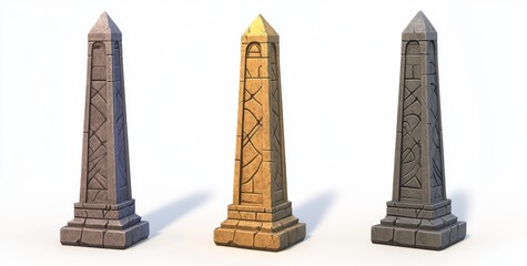 Three stylized ancient stone obelisks in different shades
