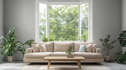 Cozy living room with beige sofa, plants, and view of greenery outside