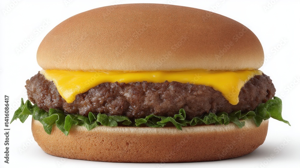 Poster single cheeseburger with melted cheese and visible beef patty placed on clean white backdrop in ultr