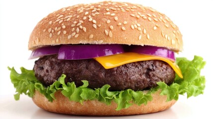 Beef patty burger with visible lettuce and onion slice served on sesame bun placed on clean white backdrop with bright lighting and high definition surface texture focus for clean snack depiction