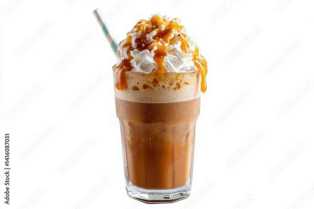 Poster cola with ice cubes. iced caramel macchiato with whipped cream and caramel drizzle isolated on white