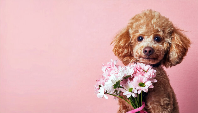 Brown poodle with a bouquet of daisies on a pink background. Generated image. Toy poodle dog holding a bouquet of flowers against a pink background.
