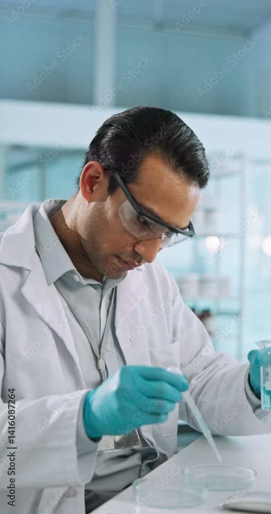 Poster science, liquid and man with beaker and pipette for research, medical analysis and brain scan in lab