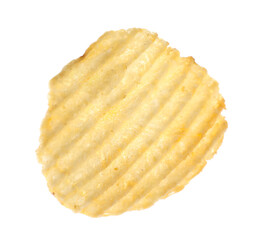 One tasty ridged potato chip in air isolated on white