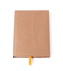 Book with ribbon bookmark isolated on white, top view