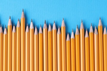 Many pencils on light blue background, top view