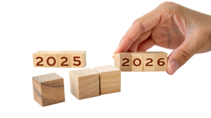 Symbolic Year Transition: Hand Completing 2026 from 2025 on Wooden Blocks on Transparent Background