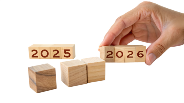Symbolic Year Transition: Hand Completing 2026 from 2025 on Wooden Blocks on Transparent Background